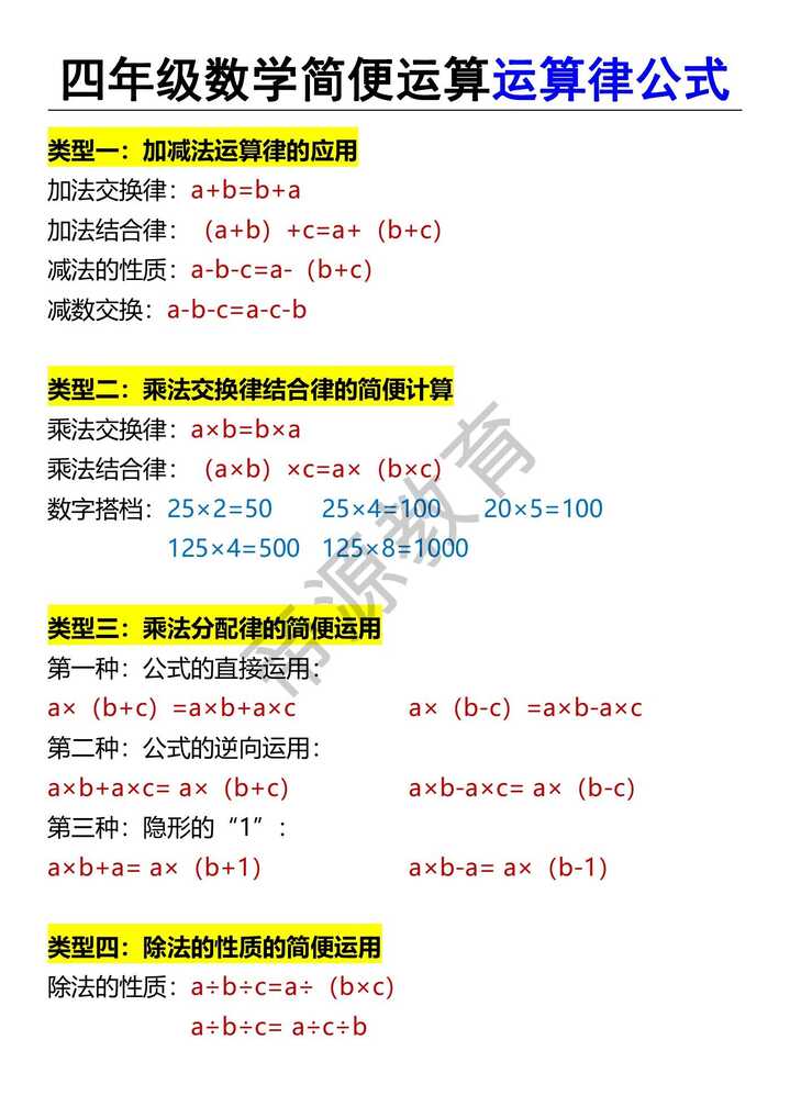 四年级数学简便运算运算律公式