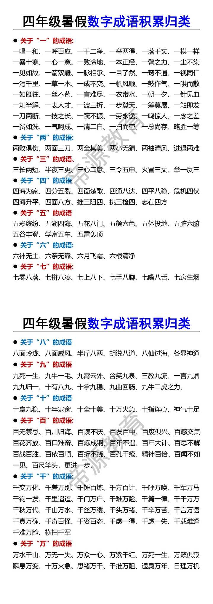 四年级暑假数字成语积累归类
