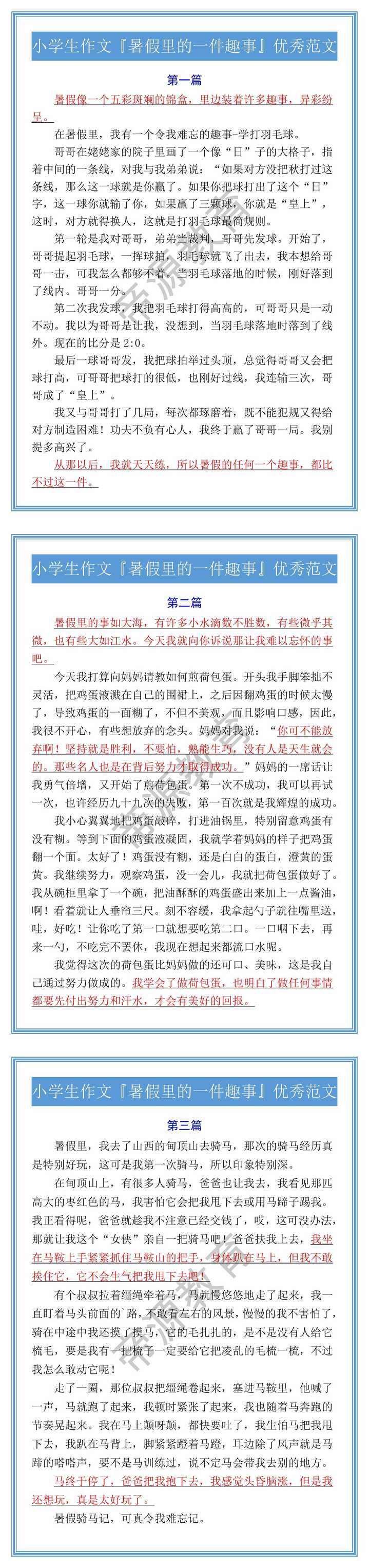小学生作文『暑假里的一件趣事』优秀范文