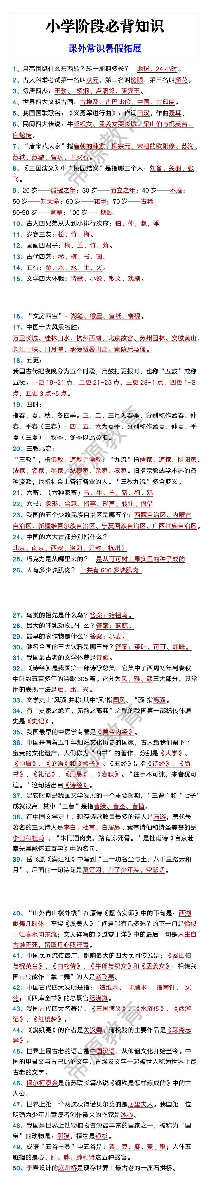 小学阶段必背知识 课外常识暑假拓展