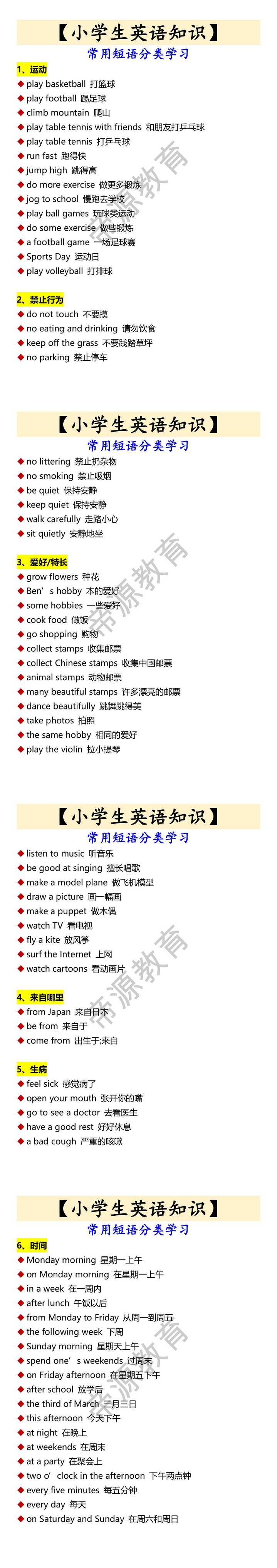 【小学生英语知识】 常用短语分类学习