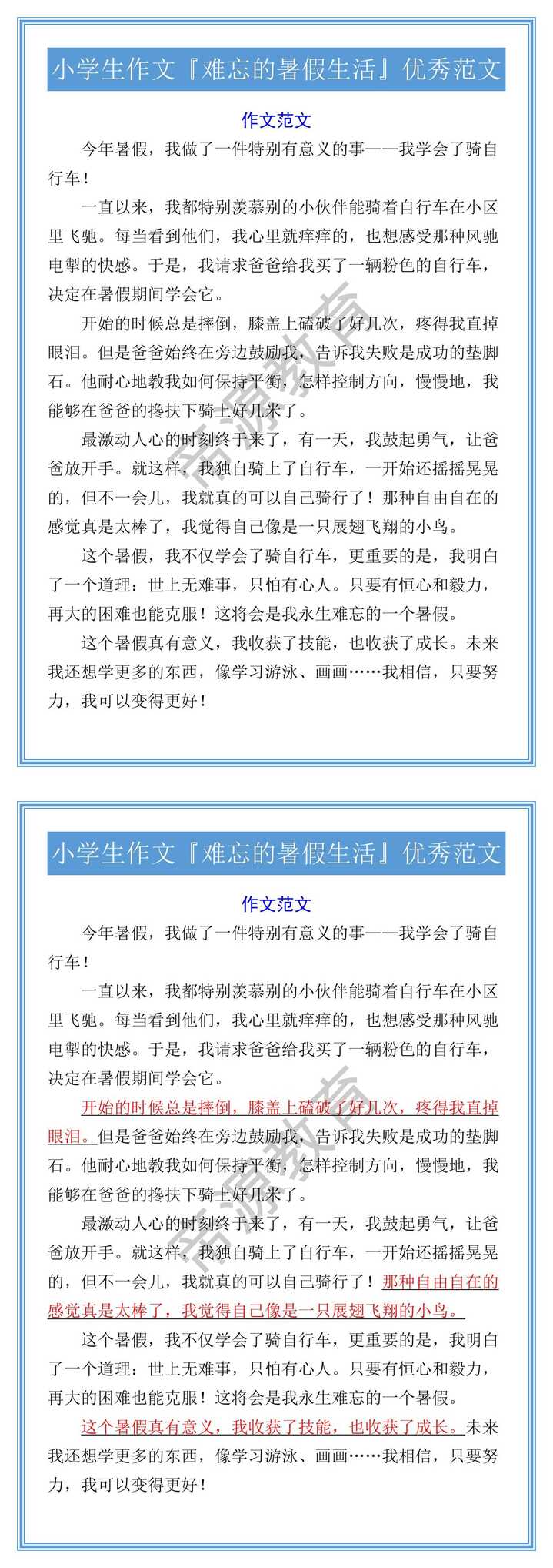 小学生作文『难忘的暑假生活』优秀范文
