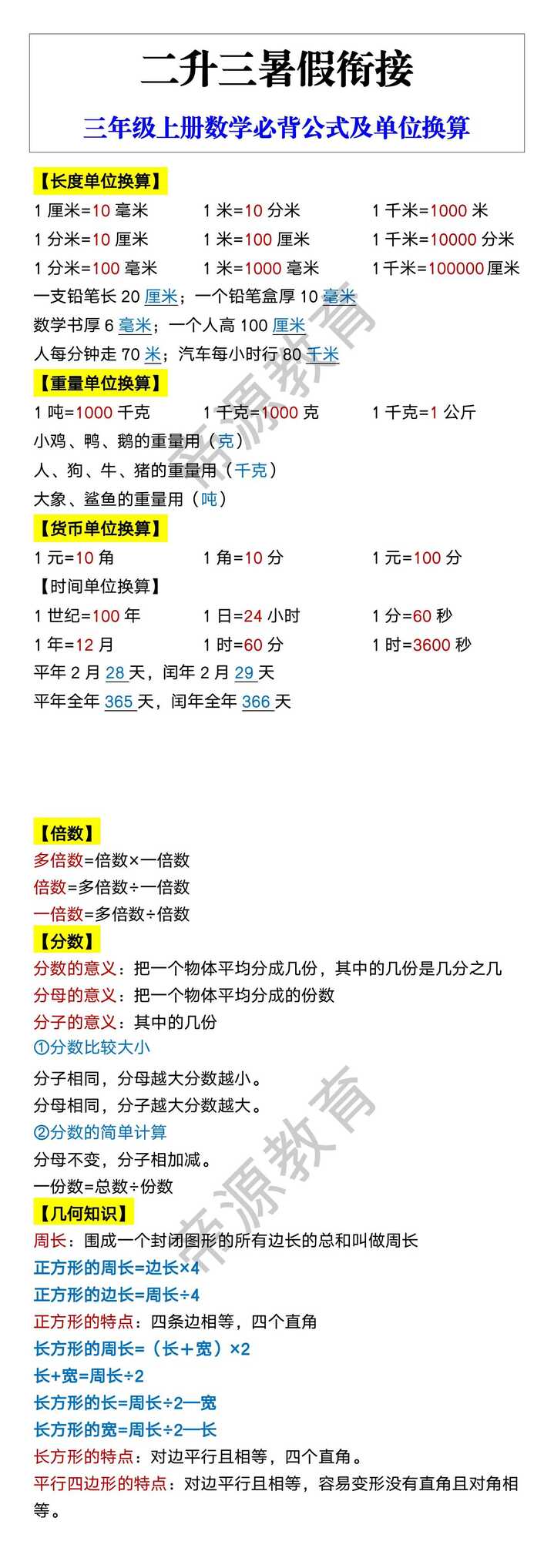 三年级上册数学必背公式及单位换算