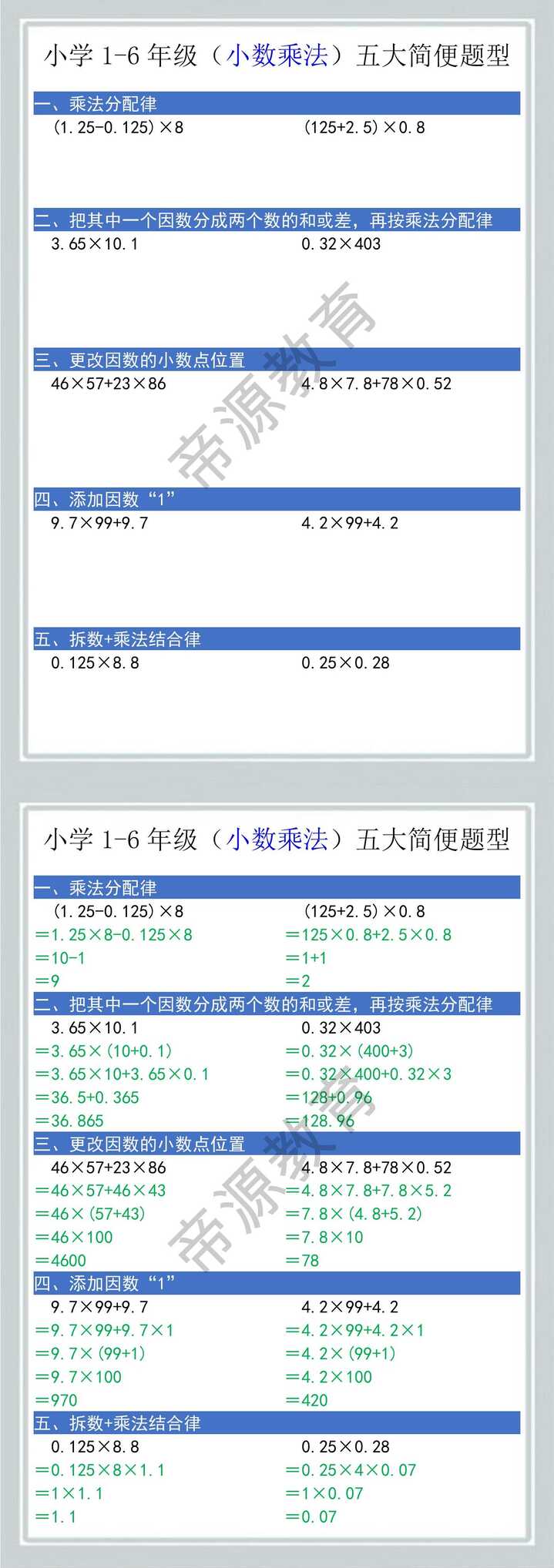 小数乘法五大简便题型计算题