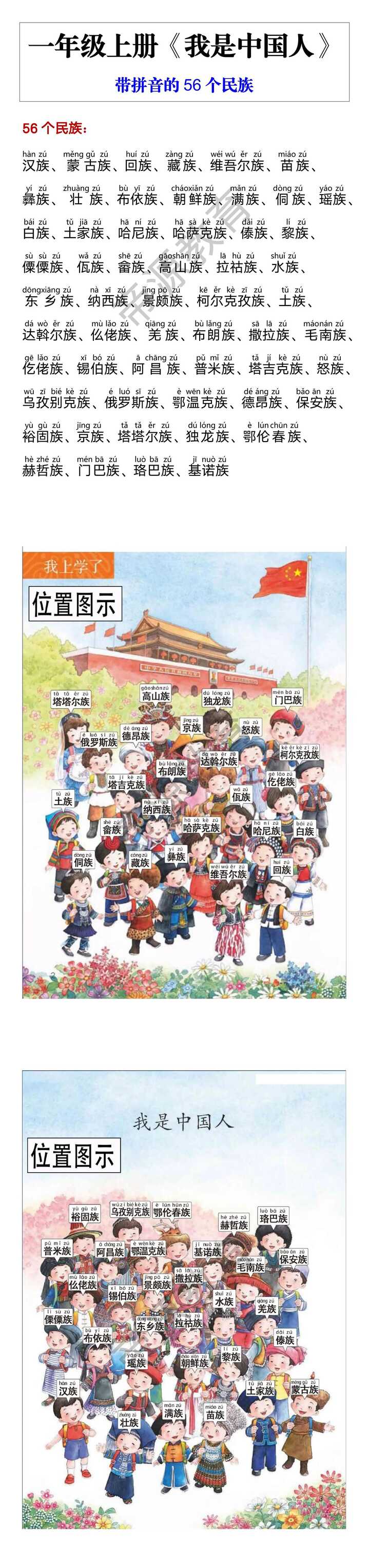 一年级上册《我是中国人》 带拼音的56个民族