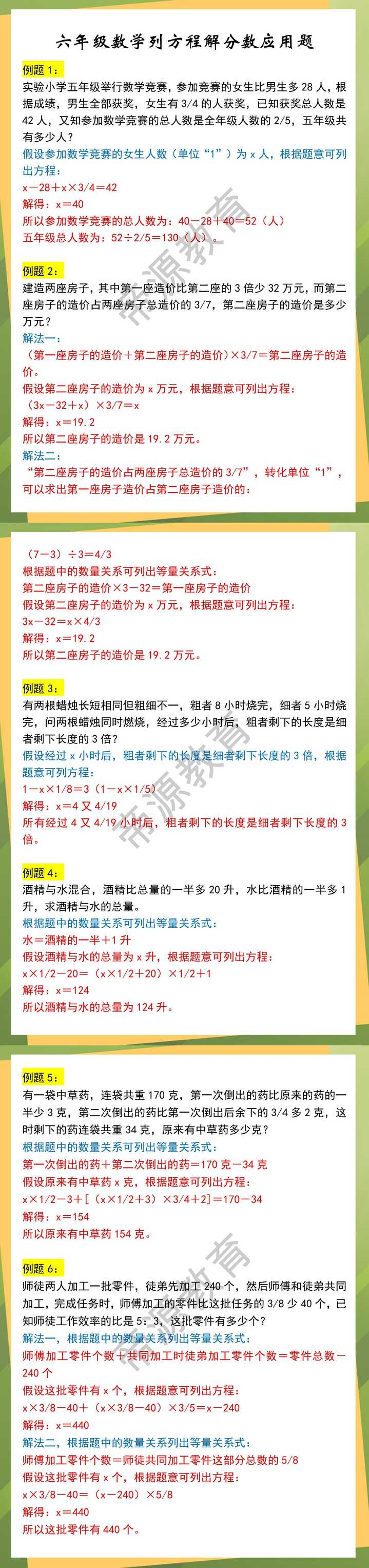 六年级数学列方程解分数应用题