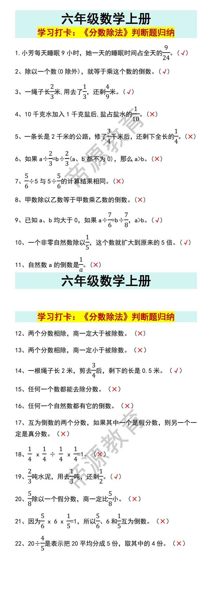 六年级数学上册《分数除法》判断题归纳！