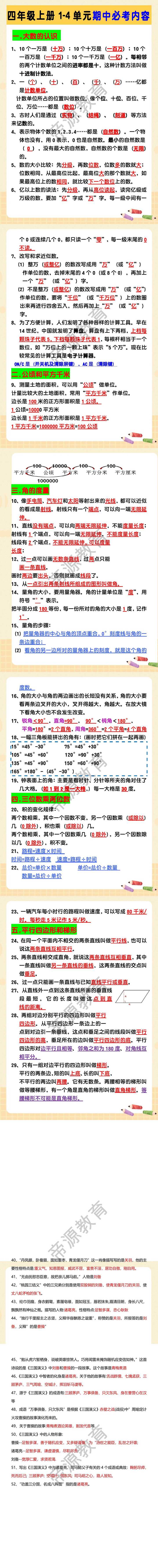 四年级上册1-4单元期中必考内容