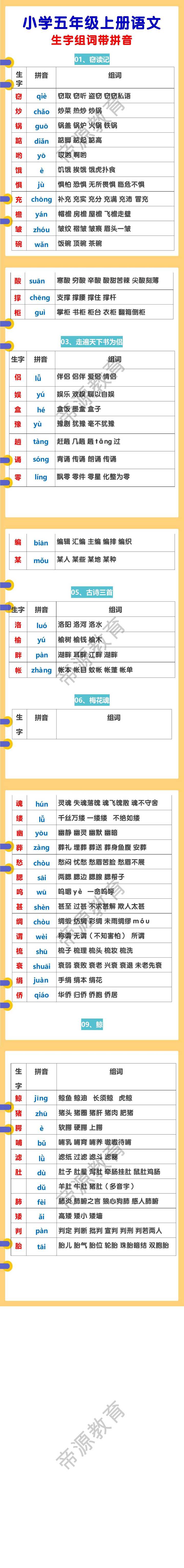 小学五年级上册语文 生字组词带拼音