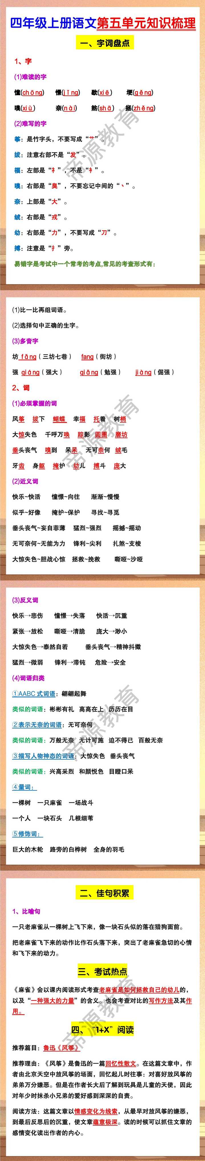 四年级上册语文第五单元知识梳理