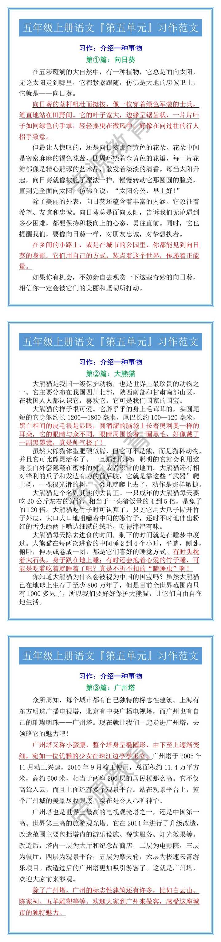五年级上册语文『第五单元』习作范文