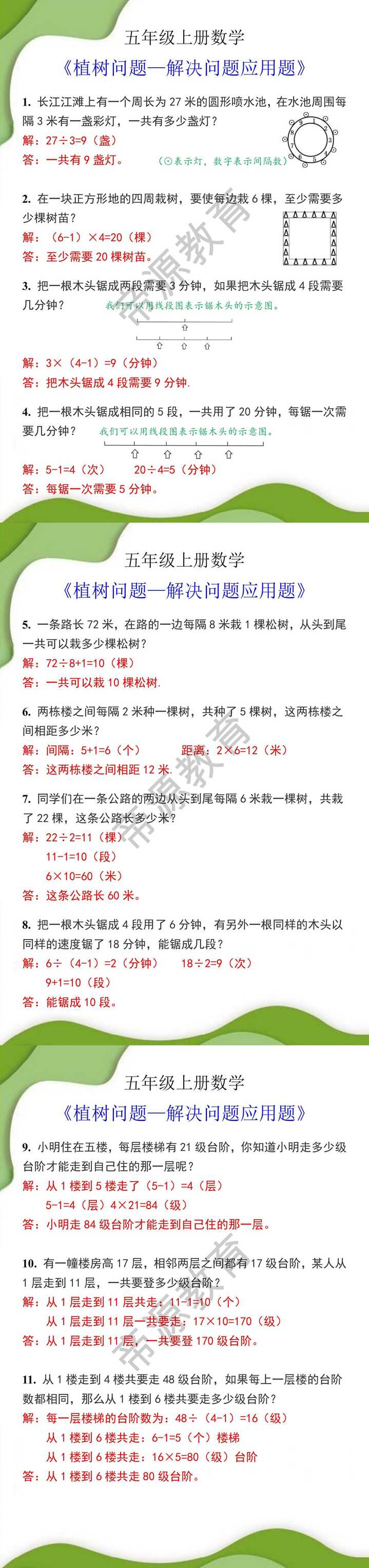 五年级上册数学植树问题解决问题应用题