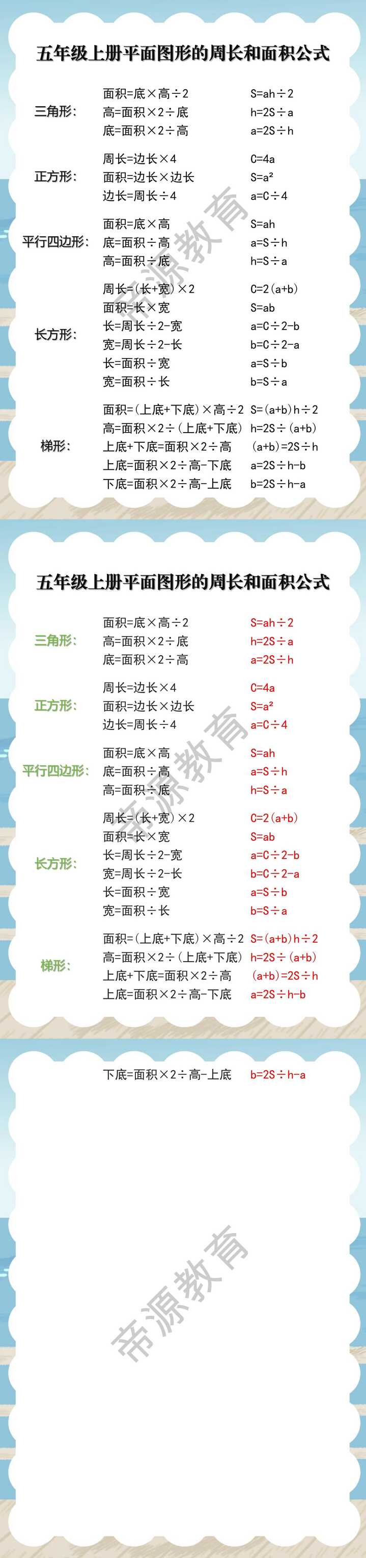 五年级上册平面图形的周长和面积公式