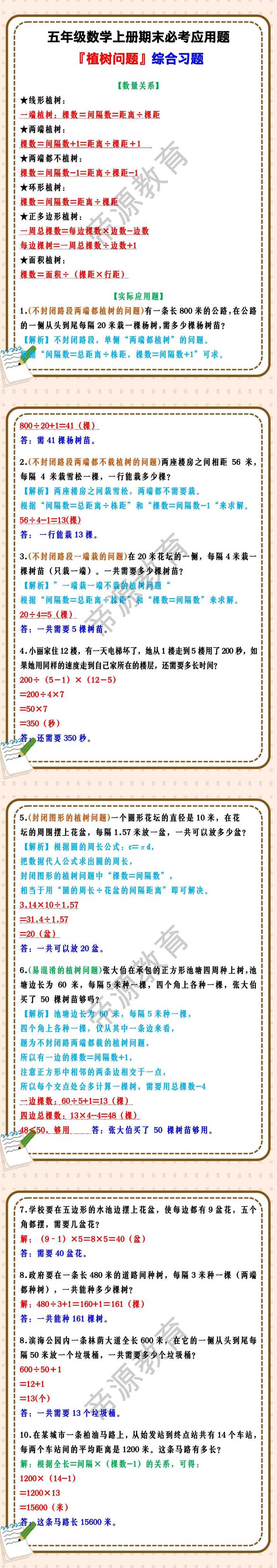 五年级数学上册期末必考应用题『植树问题』综合习题