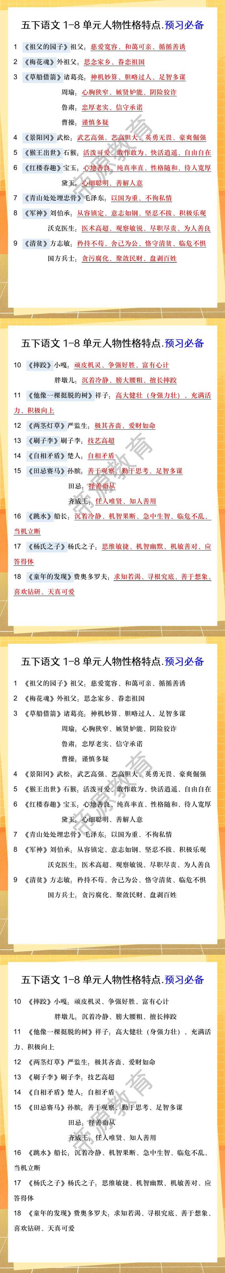 五下语文1-8单元人物性格特点.预习必备