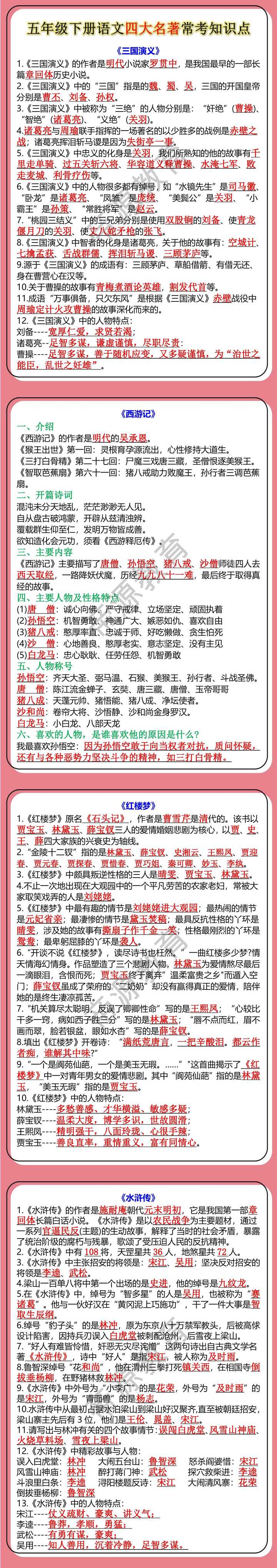 五年级下册语文四大名著常考知识点