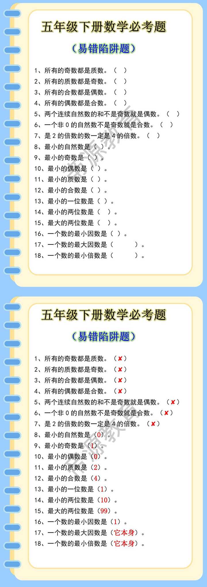 五年级下册数学常考易错题