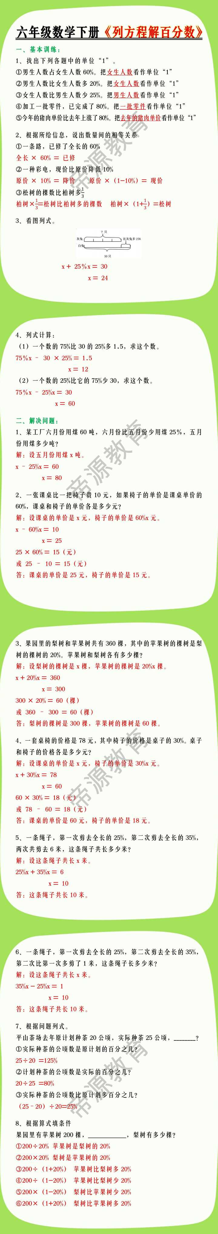 六年级数学下册《列方程解百分数》