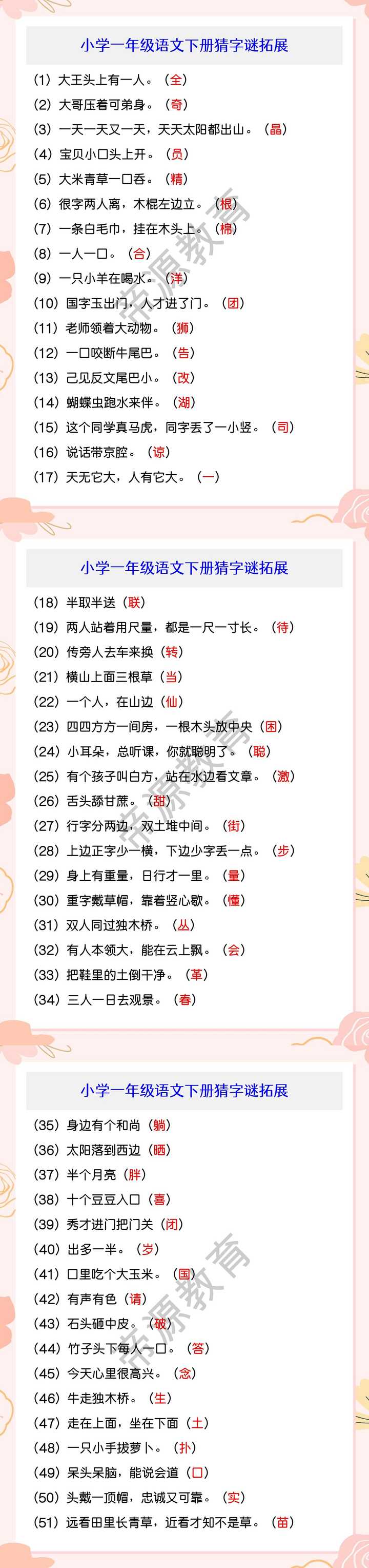 小学一年级语文下册猜字谜拓展