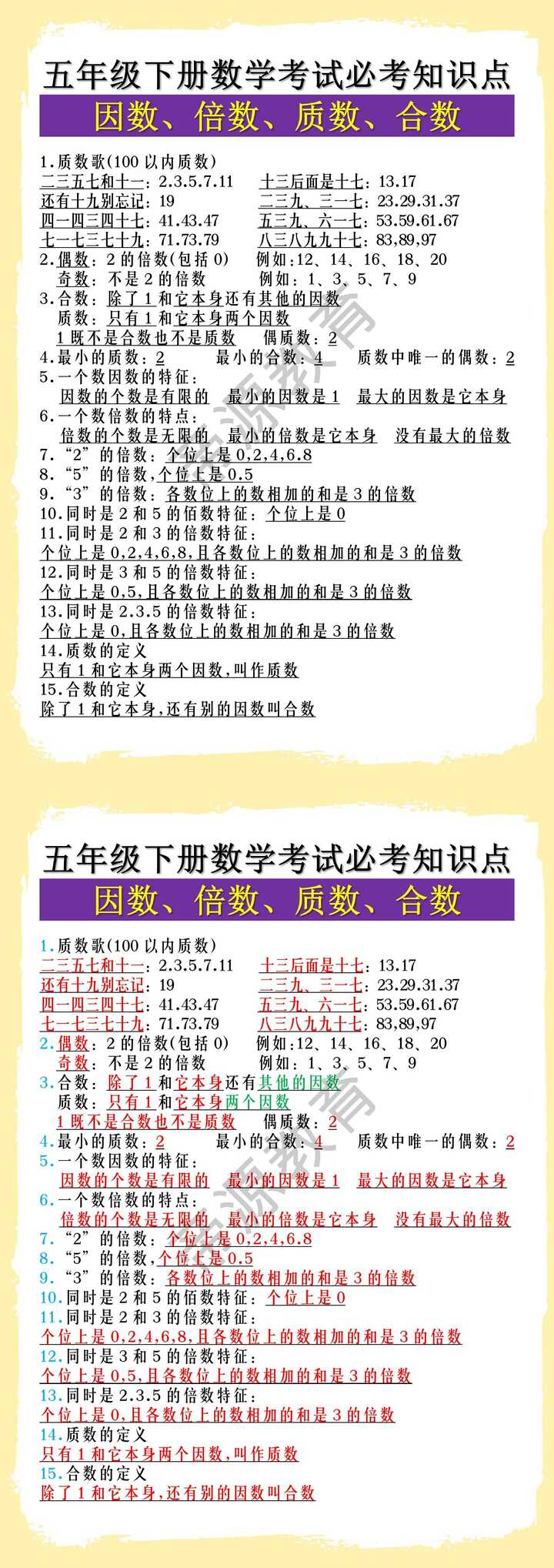 五年级下册数学考试必考知识点--因数、倍数、质数、合数
