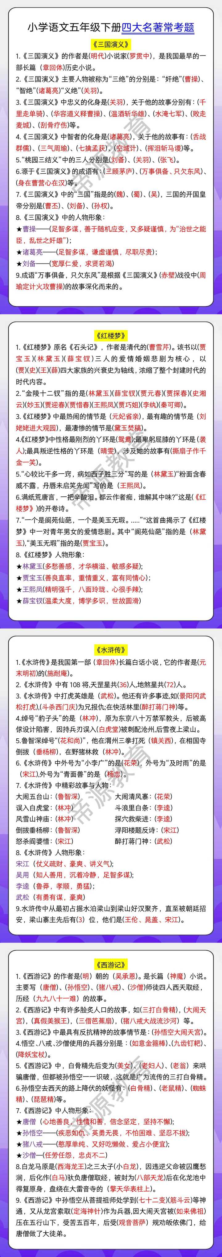 小学语文五年级下册四大名著常考题