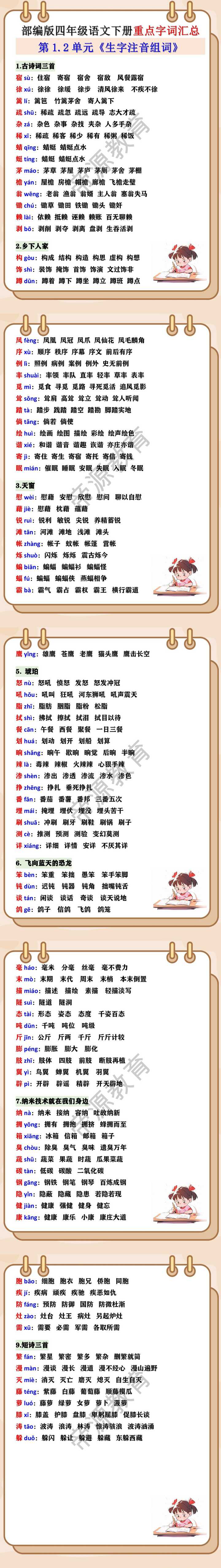 部编版四年级语文下册重点字词汇总第1.2单元《生字注音组词》