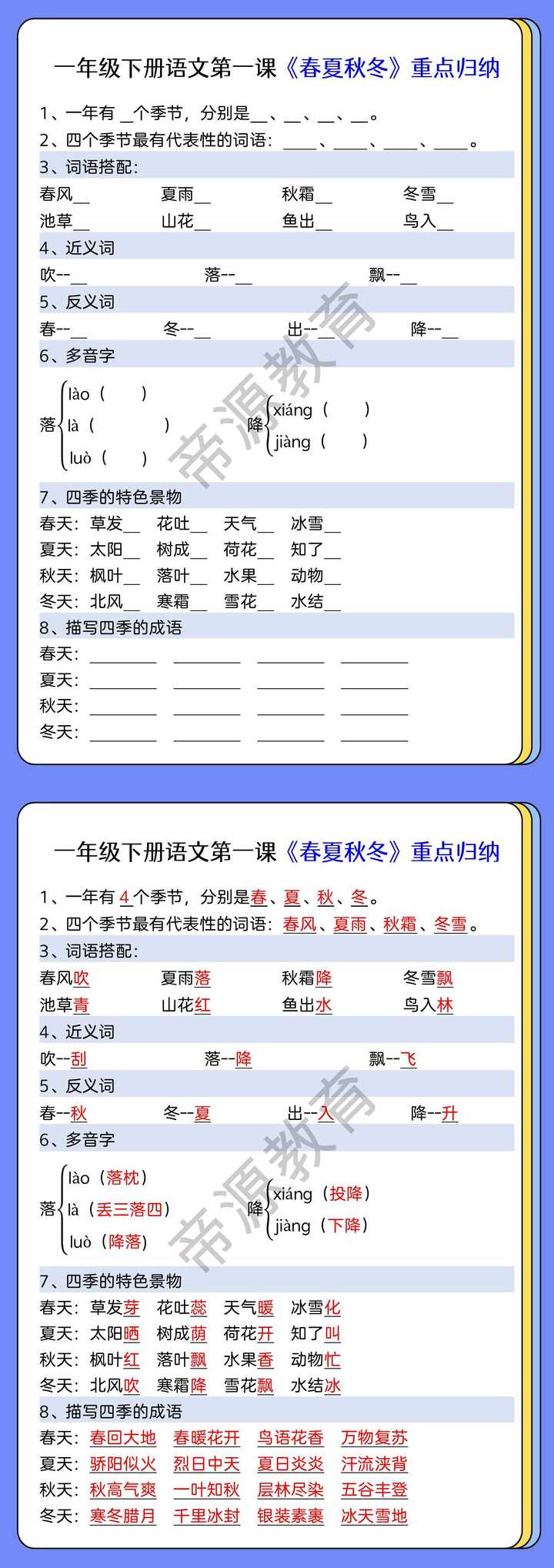 一年级下册语文第一课《春夏秋冬》重点归纳
