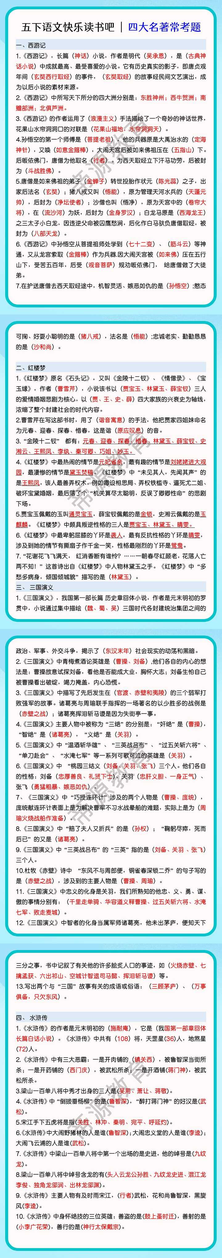 五下语文快乐读书吧 | 四大名著常考题