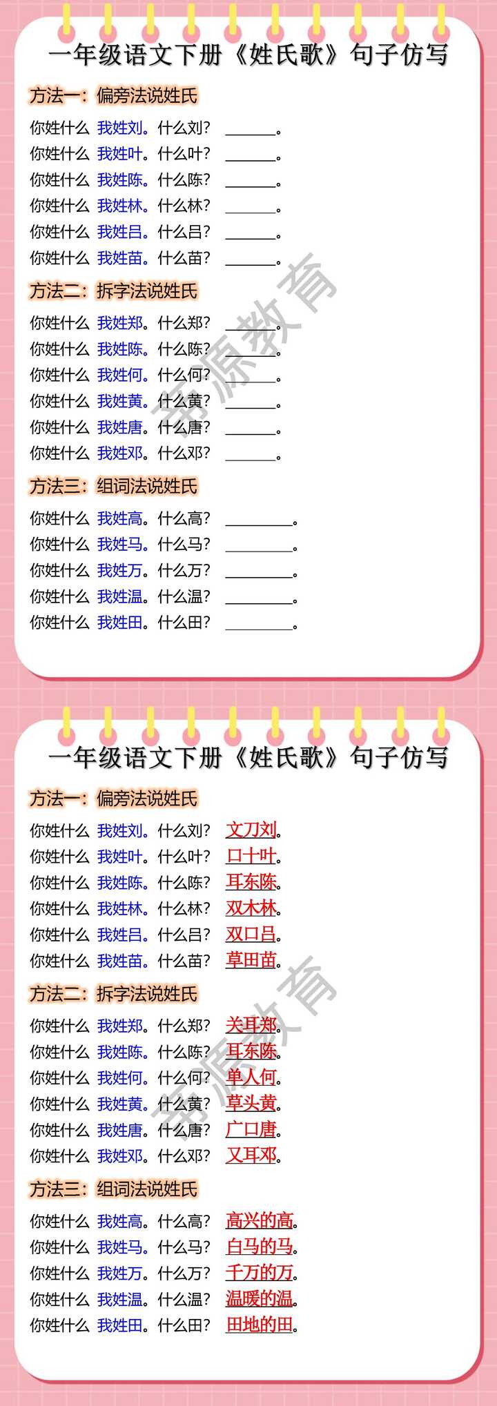 一年级语文下册《姓氏歌》句子仿写