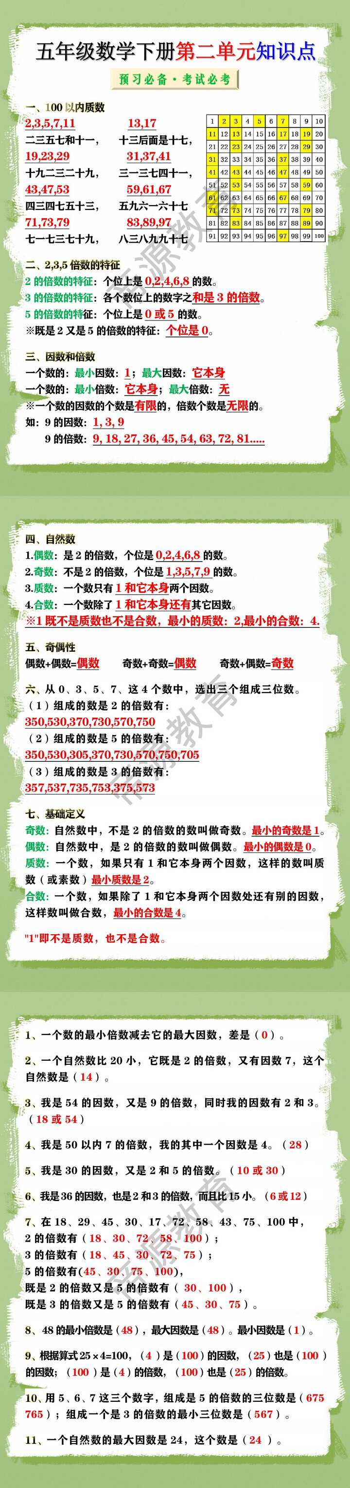 五年级数学下册第二单元知识点