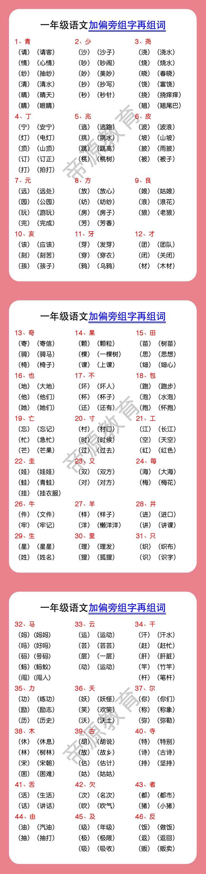 一年级语文加偏旁组字再组词