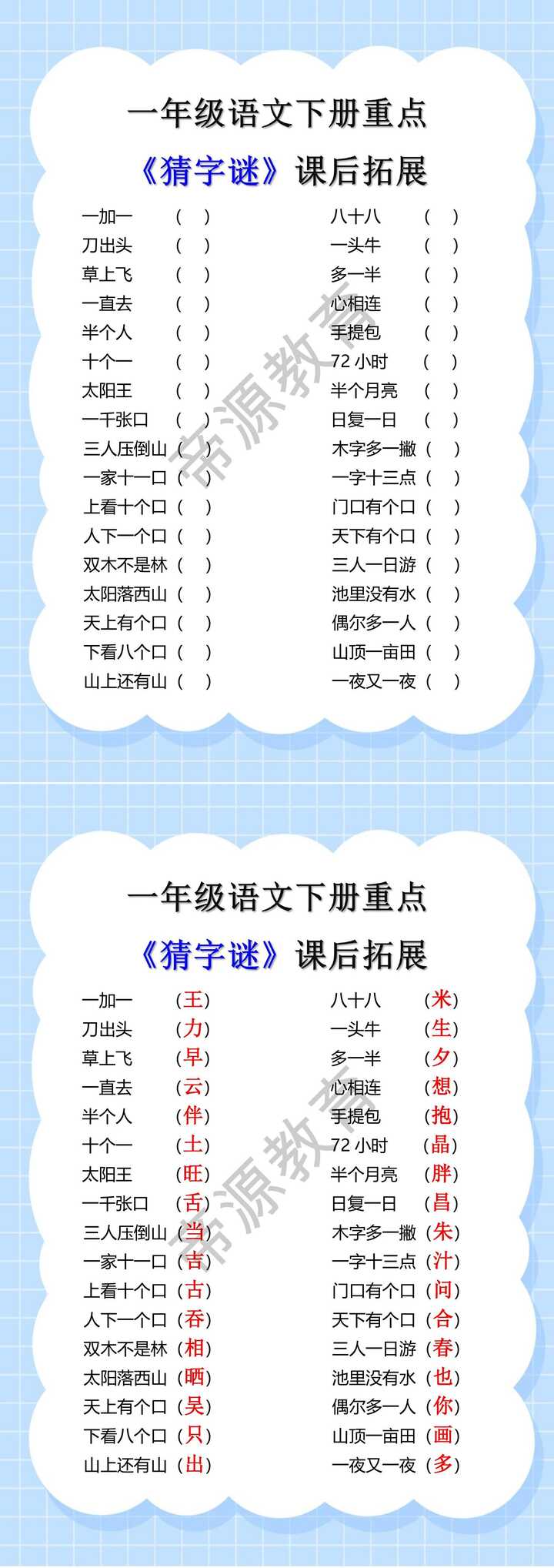 一年级下册语文重点《猜字谜》课后拓展，家长考考孩子