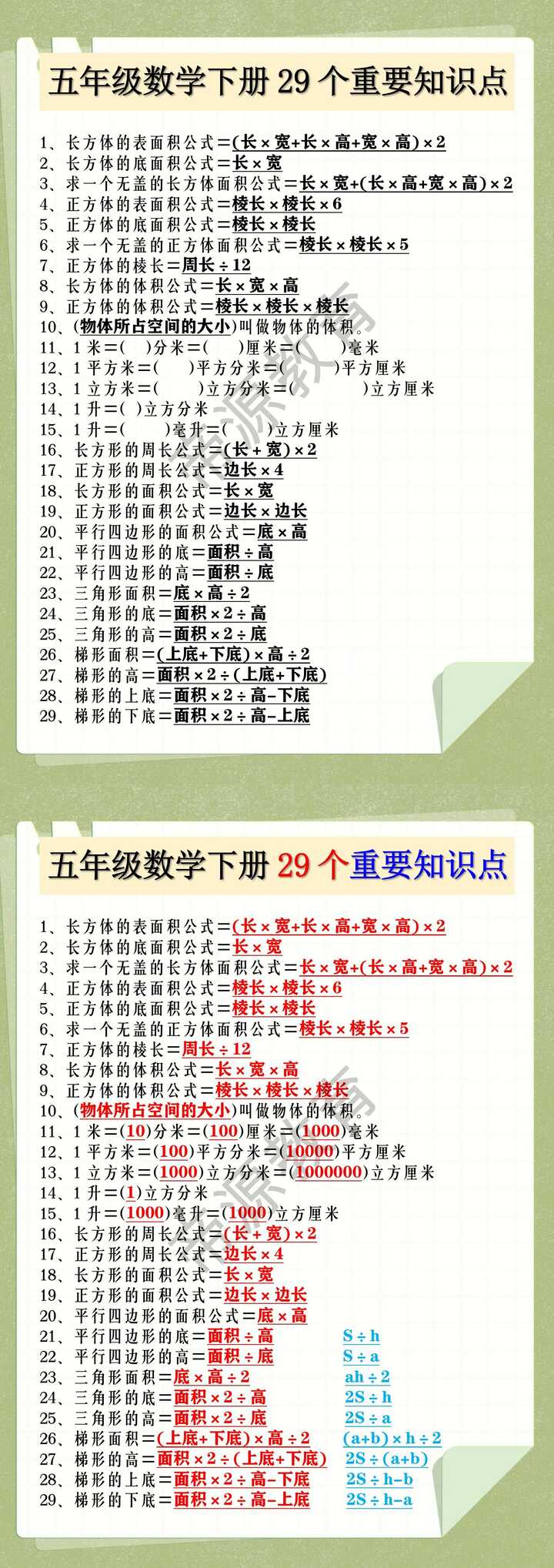 五年级数学下册29个重要知识点