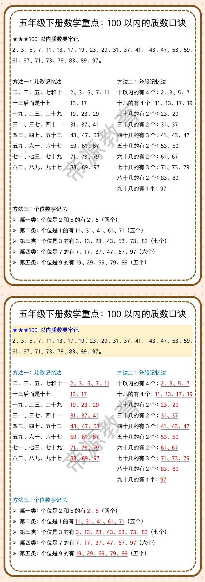 五年级下册数学重点：100以内的质数口诀