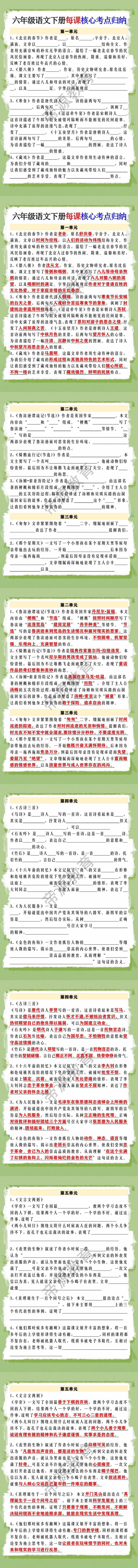 六年级语文下册每课核心考点归纳