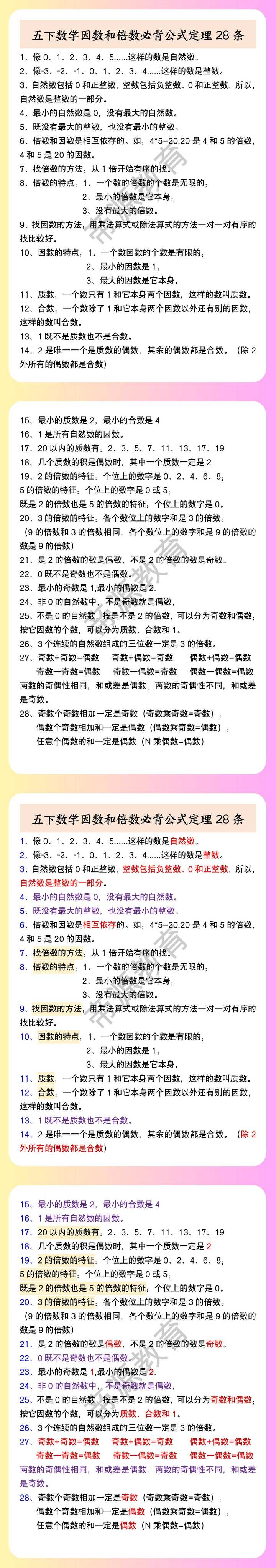 五下数学因数和倍数必背公式定理28条