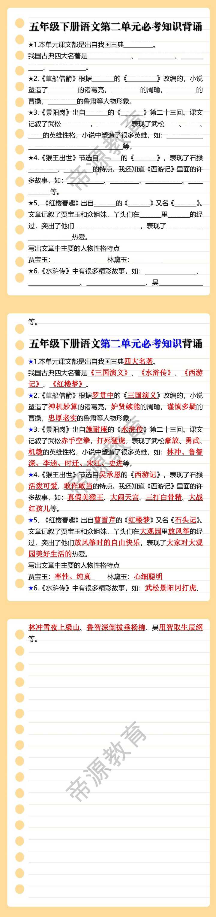 五年级下册语文第二单元必考知识总结背诵