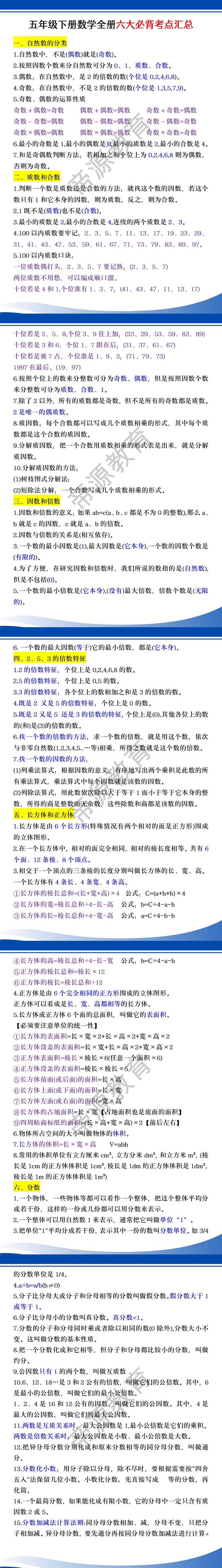 五年级下册数学全册六大必背考点汇总