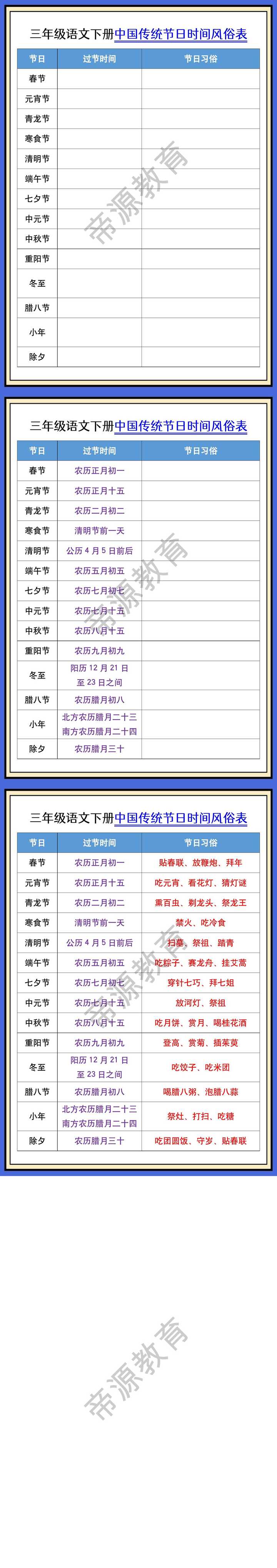 三年级语文下册中国传统节日时间风俗表