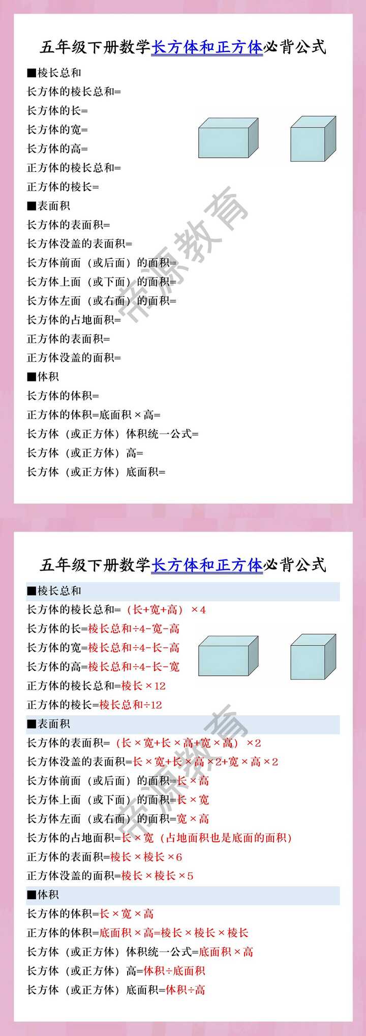 五年级下册数学长方体和正方体必背公式