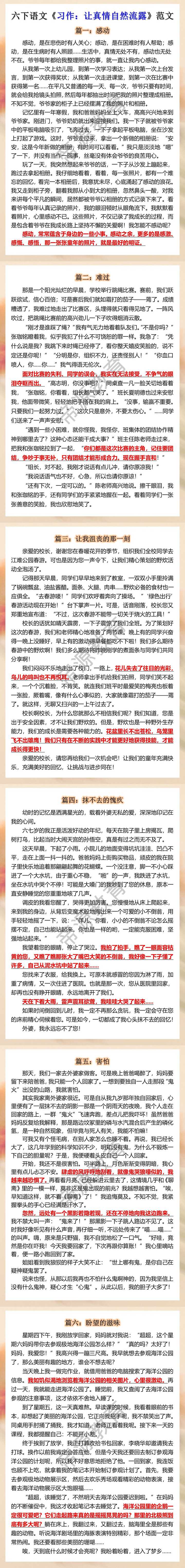 六年级下册语文习作三让真情自然流露范文