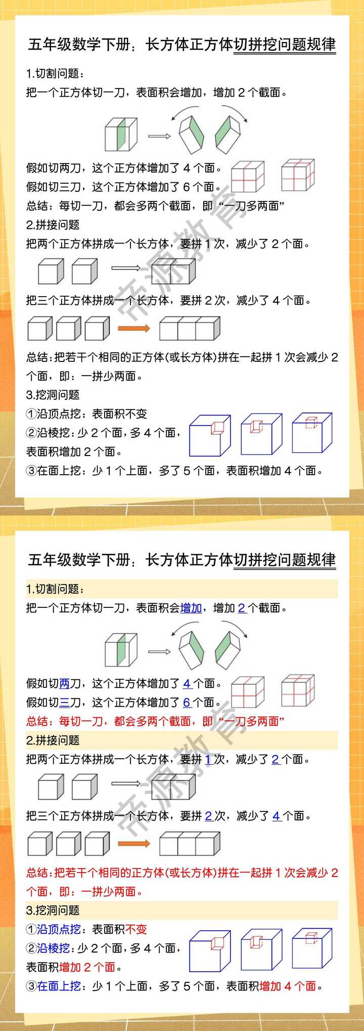 五年级数学下册：长方体正方体切拼挖问题规律