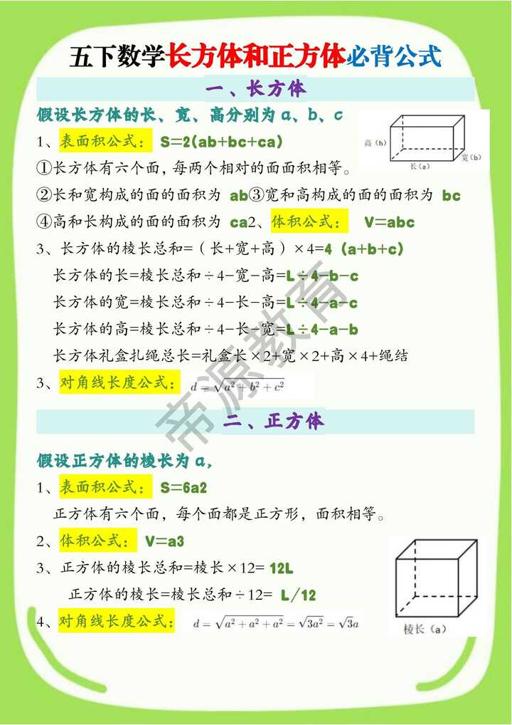 五下数学长方体和正方体必背公式