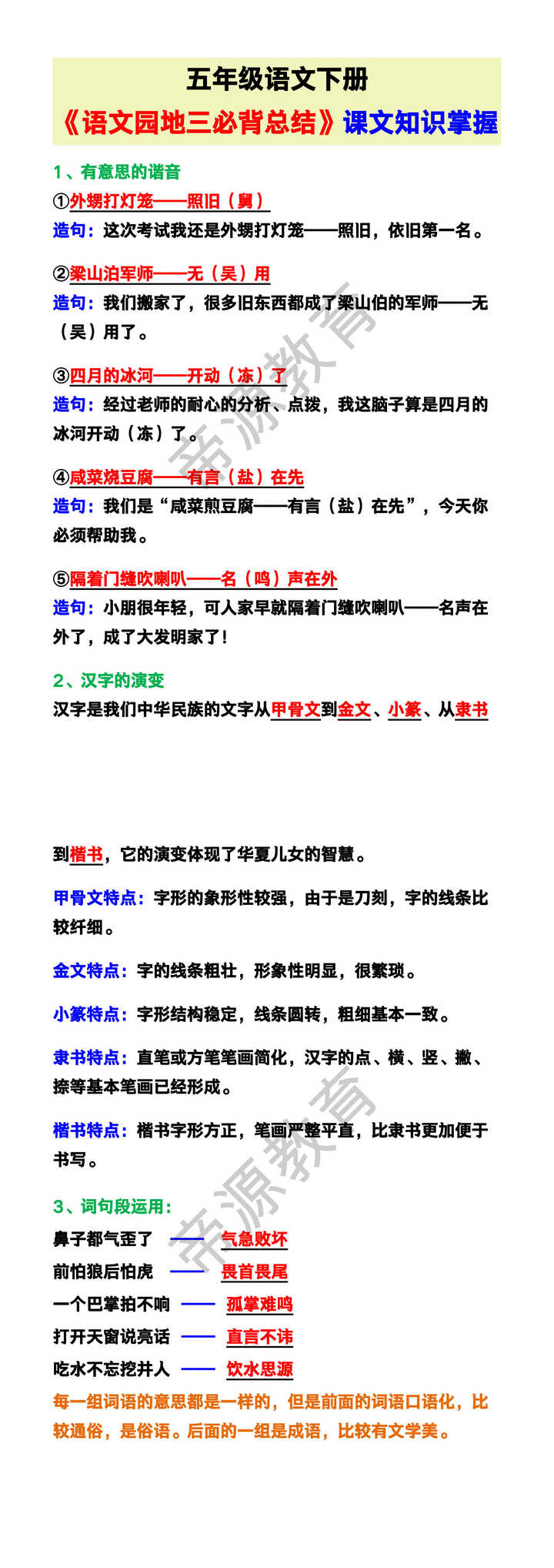 五年级语文下册《语文园地三必背总结》，预习收藏！