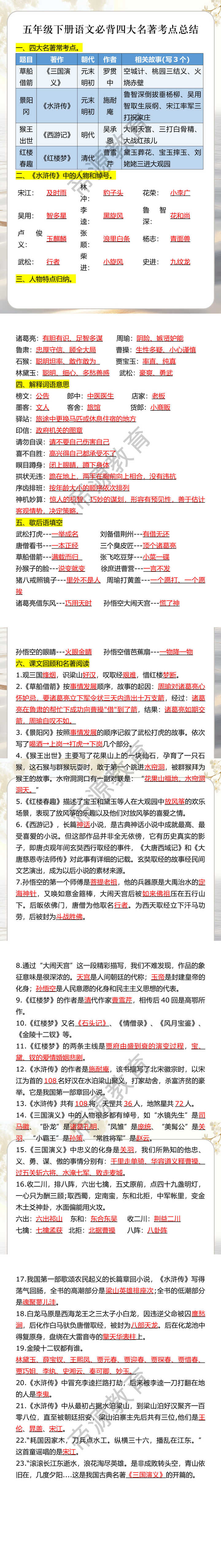 五年级下册语文必背四大名著考点总结