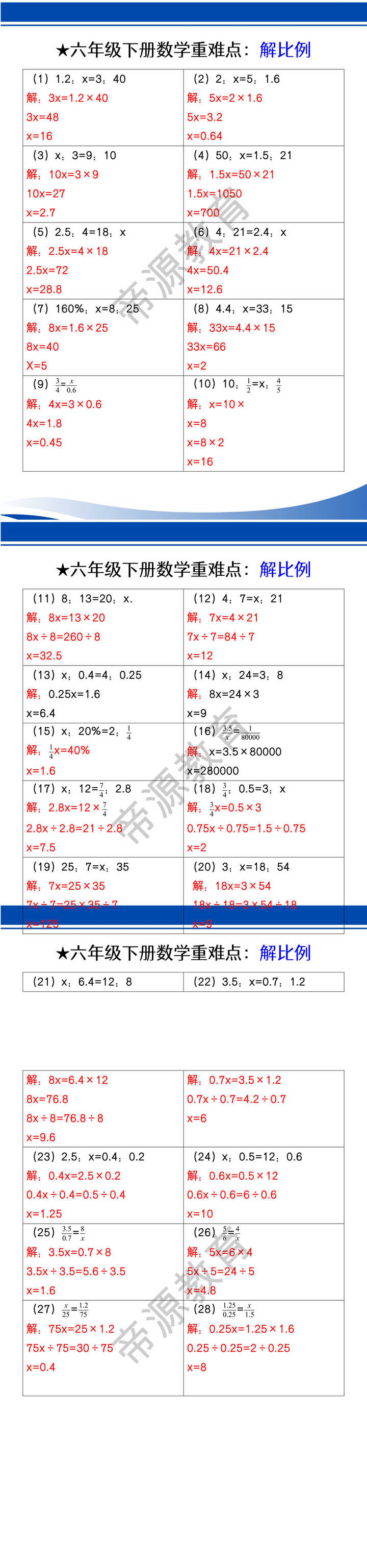 ★六年级下册数学重难点：解比例