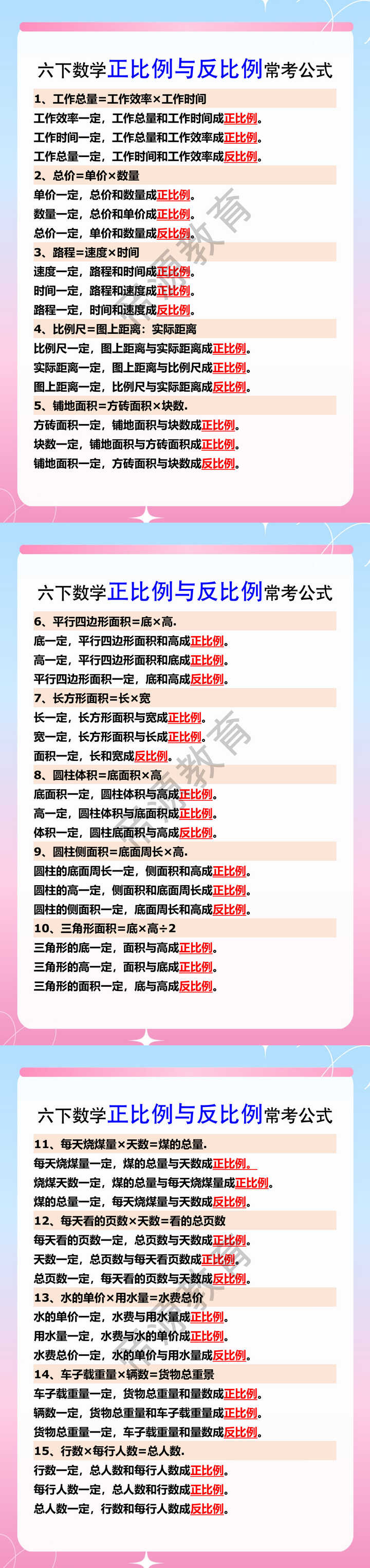 六下数学正比例与反比例常考公式