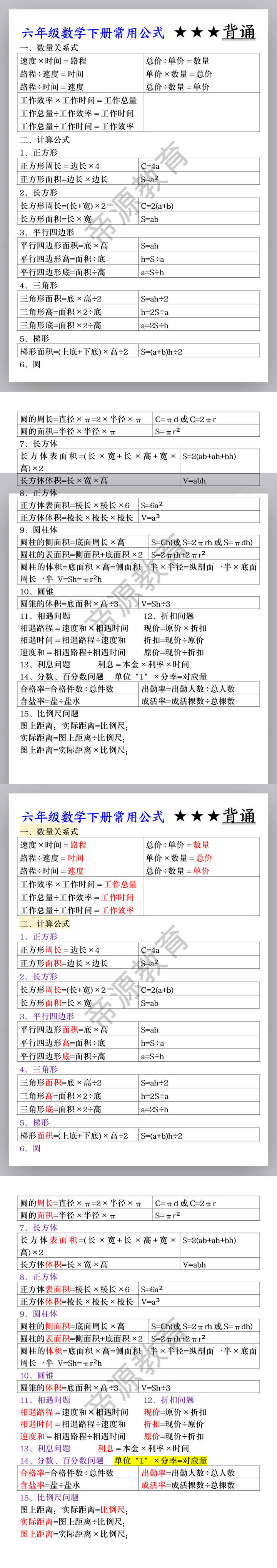 六年级数学下册常用公式