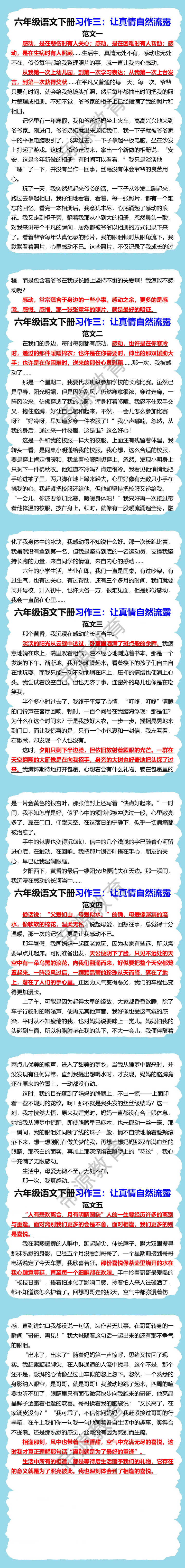六年级语文下册习作三让真情自然流露优秀范文