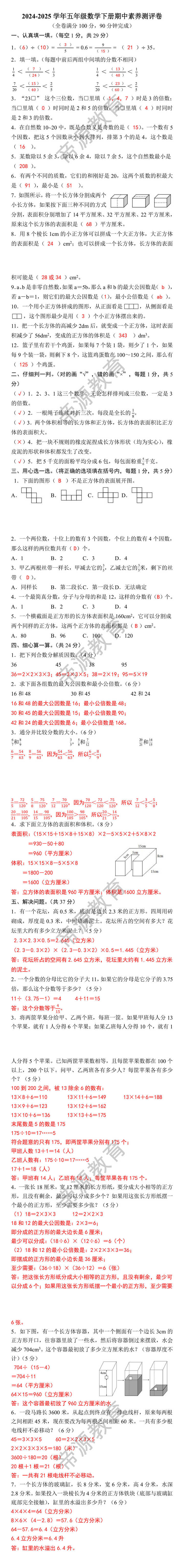 2024-2025学年五年级数学下册期中素养测评卷